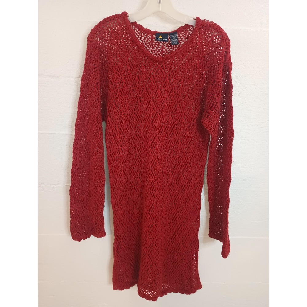 Liz Sport Vintage Cover Up Tunic Linen Blend Boho Crochet Knit Size Medium Red - Picture 5 of 16
